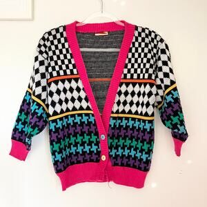 Vintage 1980s 1990s Kids LA Express Multicolor Knit Cardigan Sweater